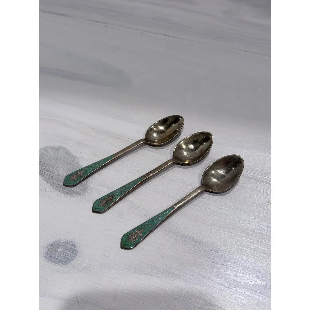 VTG Siam Thailand Demitasse Spoons Set 3 Brass Buddha Green Enamel Nickel Bronze